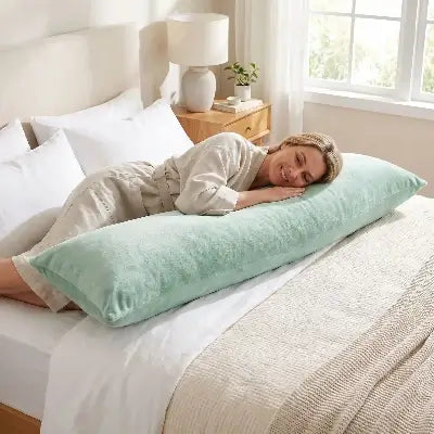 femme souriante couchée sur traversin vert clair