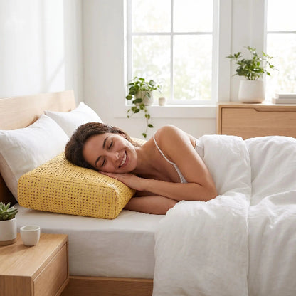 femme souriante couchée tête sur oreiller mémoire de forme bambou ergonomique