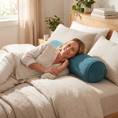  femme souriante couchée tête sur traversin 90 cm bleu
