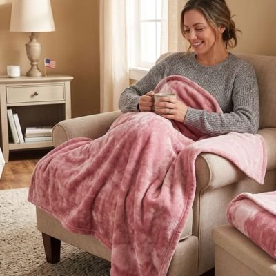 femme souriante dans fauteuil sous couverture rose