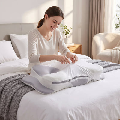 femme souriante ferme son oreiller à mémoire de forme gris-blanc