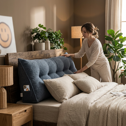 femme souriante installe traversin triangulaire 180 bleu sur lit dans chambre décorée
