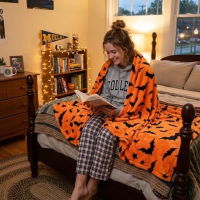 femme souriante lit roman enveloppée avec couverture orange tissu flanelle