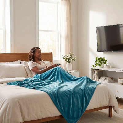 femme souriante sous couverture bleue regarde la télévision