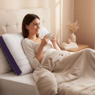 femme souriante sur oreiller mémoire de forme avec café 