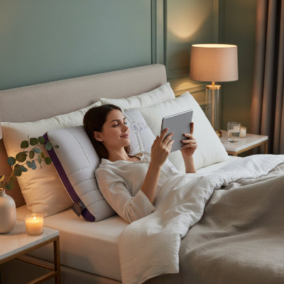 femme souriante sur oreiller mémoire de forme avec tablette grise