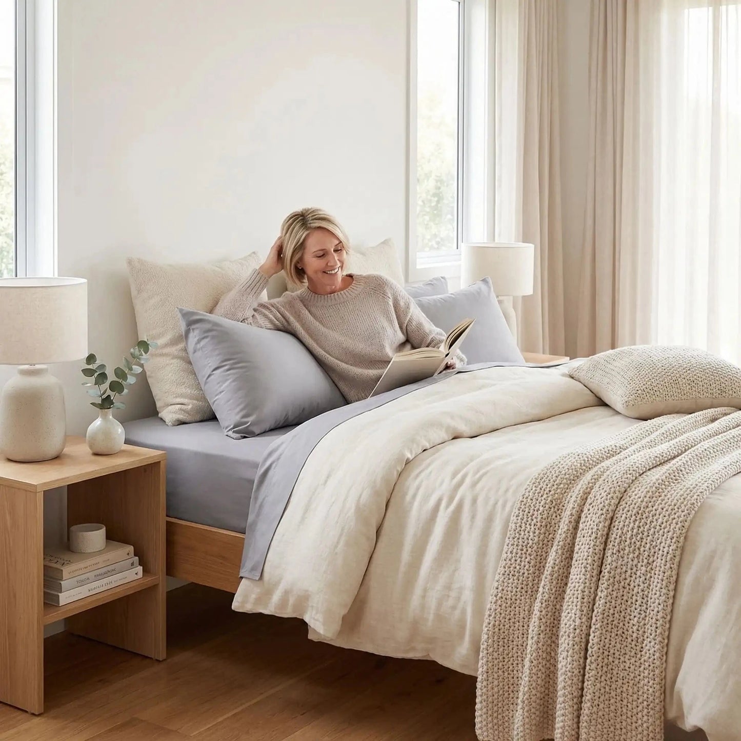 femme souriante taies d'oreiller gris