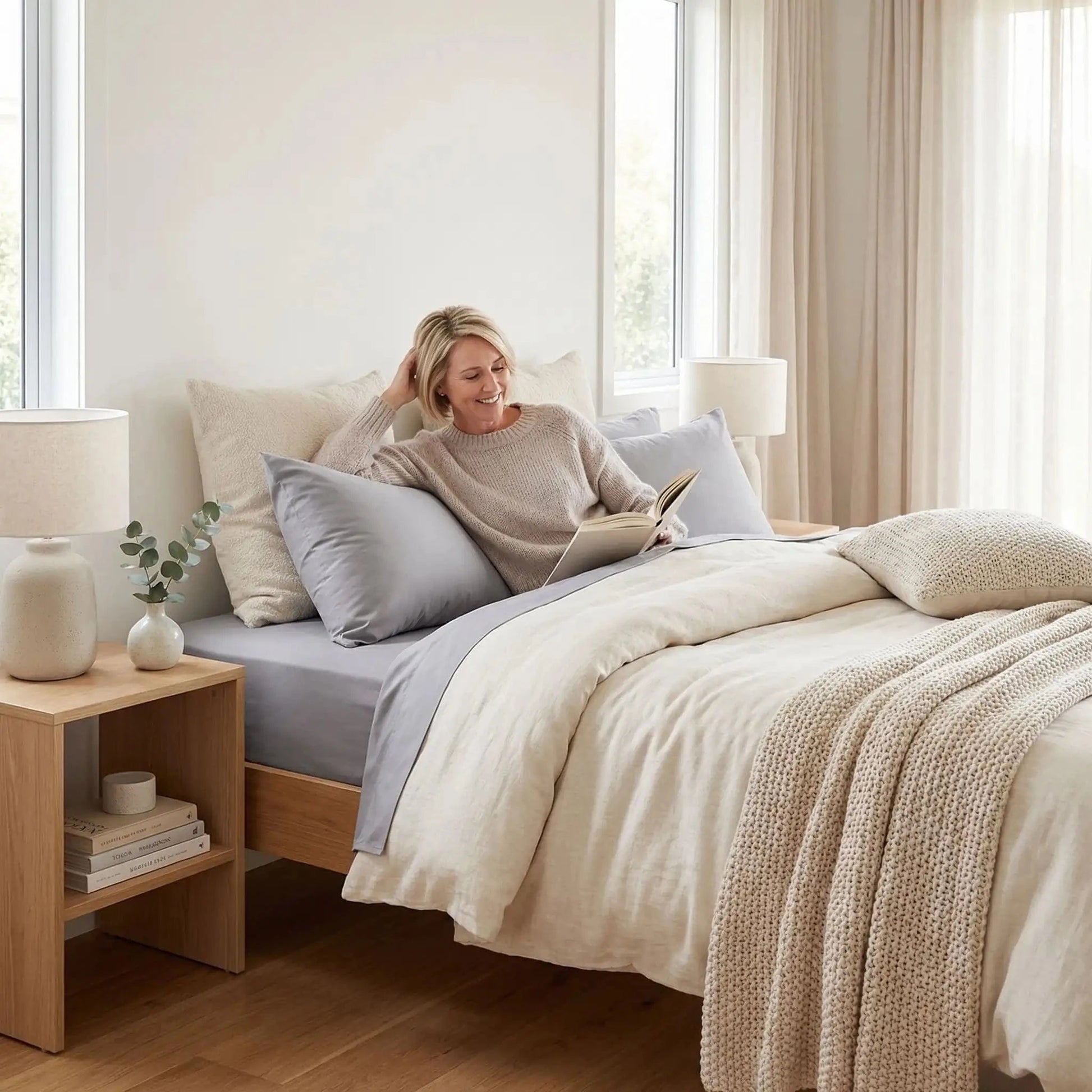 femme souriante taies d'oreiller gris