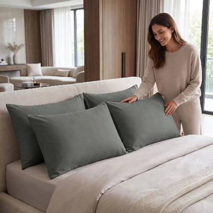 femme sourit avec taies D Oreiller rectangulaires 50x70 grises