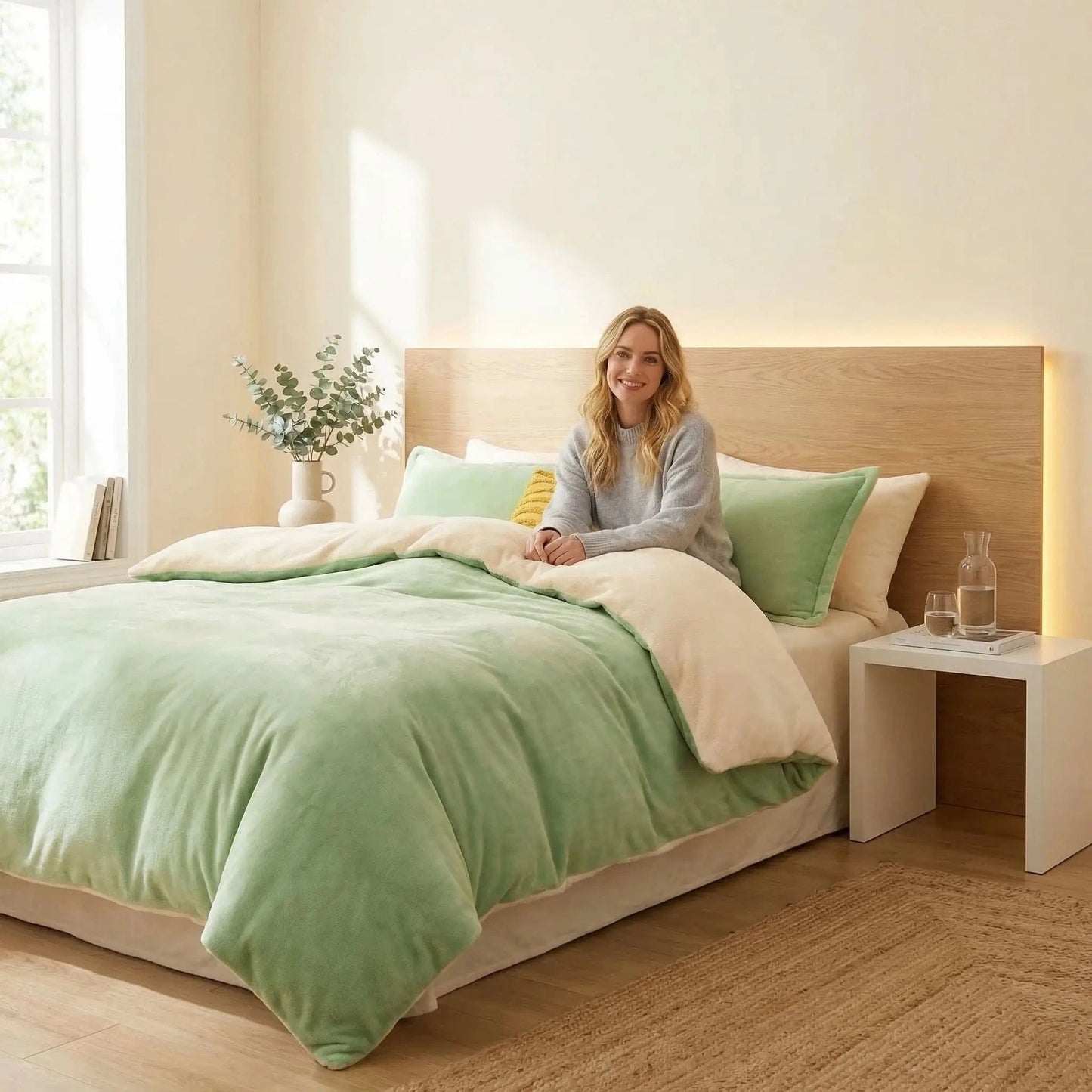 femme sourit sous housse de couette flanelle verte cocon douceur