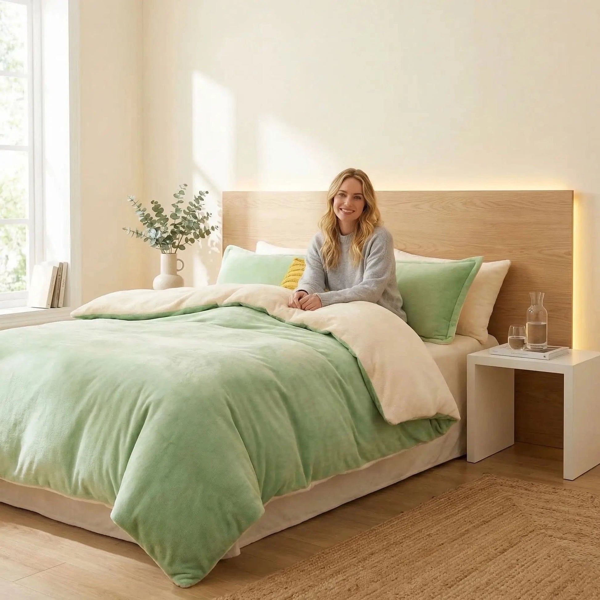 femme sourit sous housse de couette flanelle verte cocon douceur