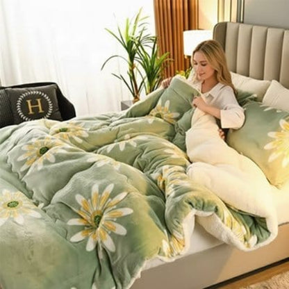 femme sous couverture florale verte dans chambre