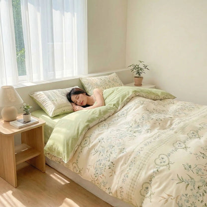 femme sous douceur d'intérieur housse de couette verte florale coton