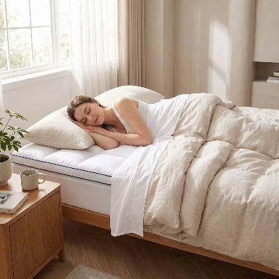 femme sous draps blancs endormie sur surmatelas 160x200 blanc bleu 