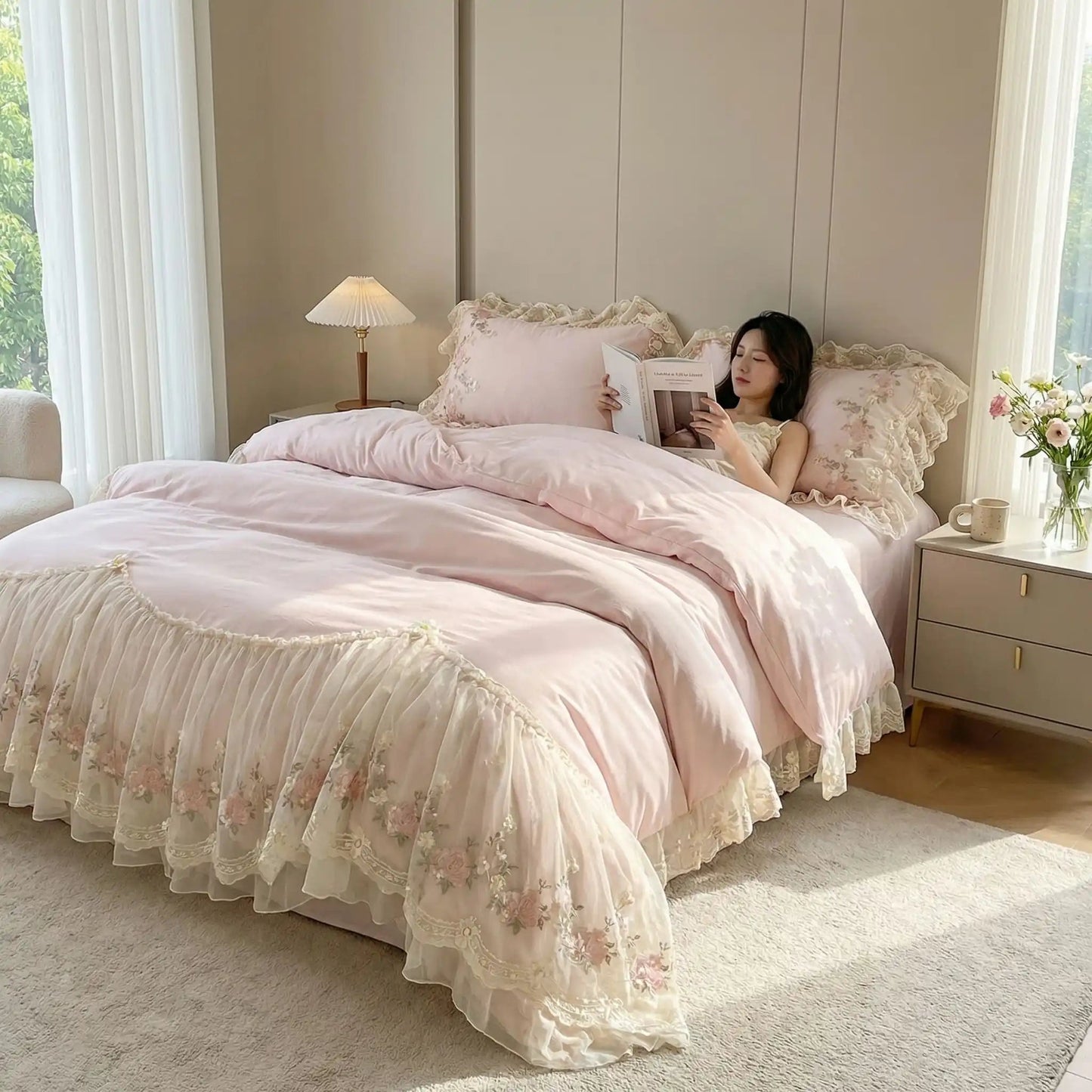 femme sous housse de couette 260x240 rose broderie coréenne
