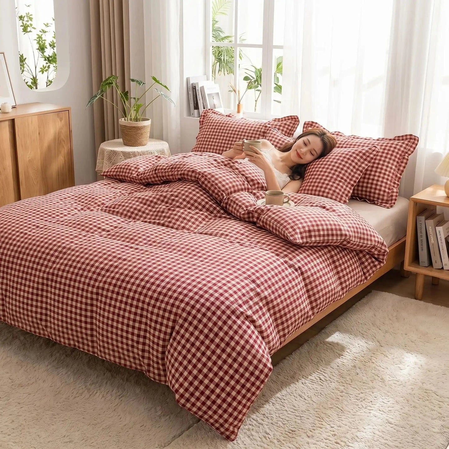 femme sous housse de couette 260x240 rouge carreaux dentelle