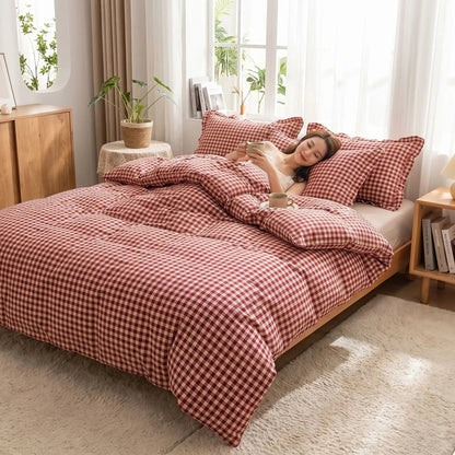 femme sous housse de couette 260x240 rouge carreaux dentelle