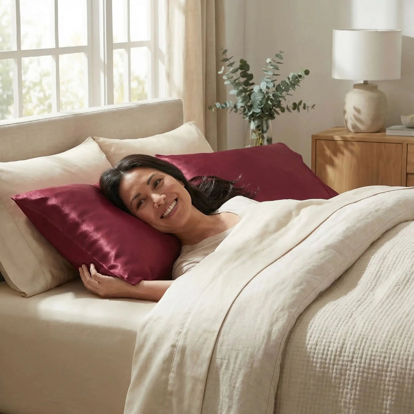 femme sous taie d'oreiller en soie rouge vin  pur sommeil