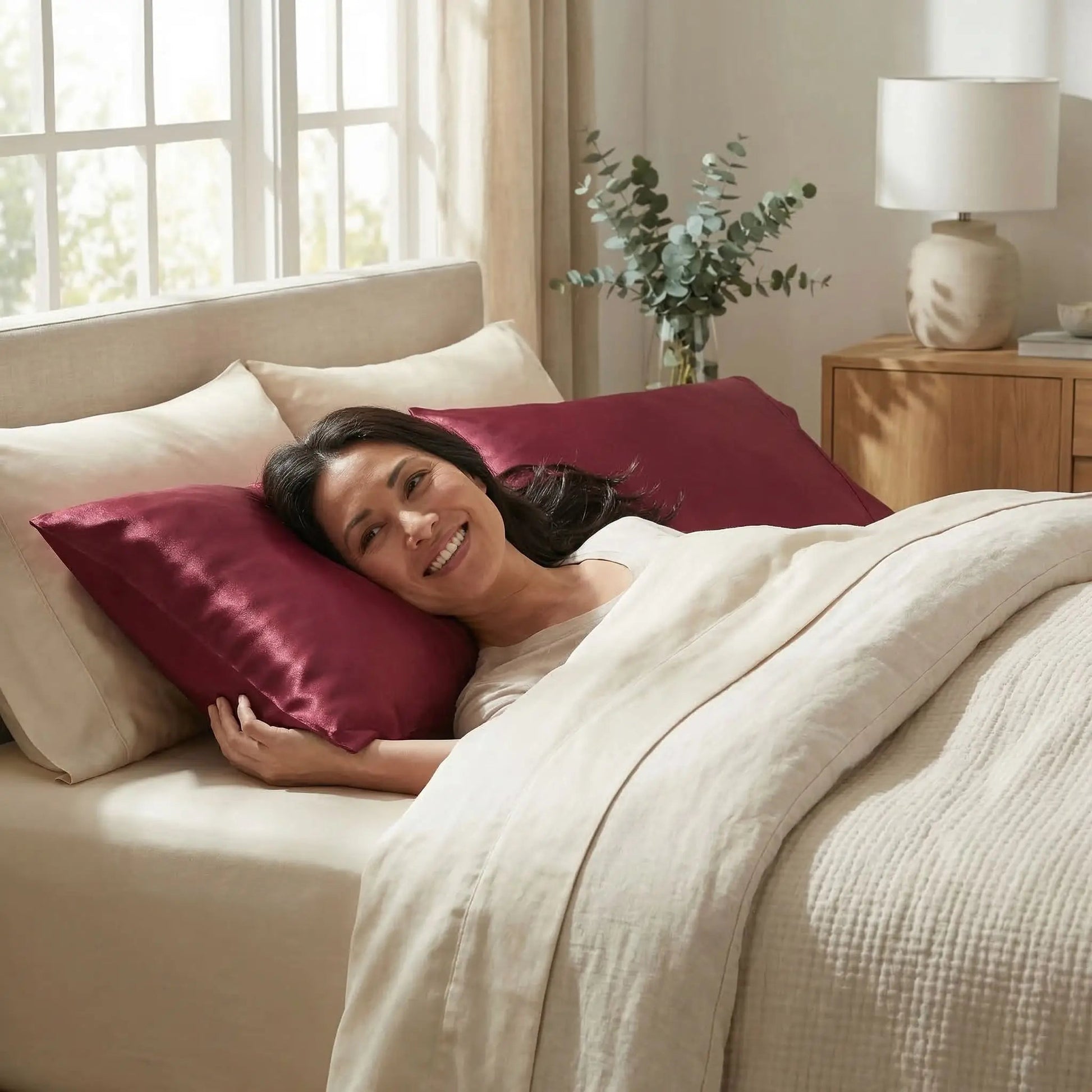 femme sous taie d'oreiller en soie rouge vin  pur sommeil