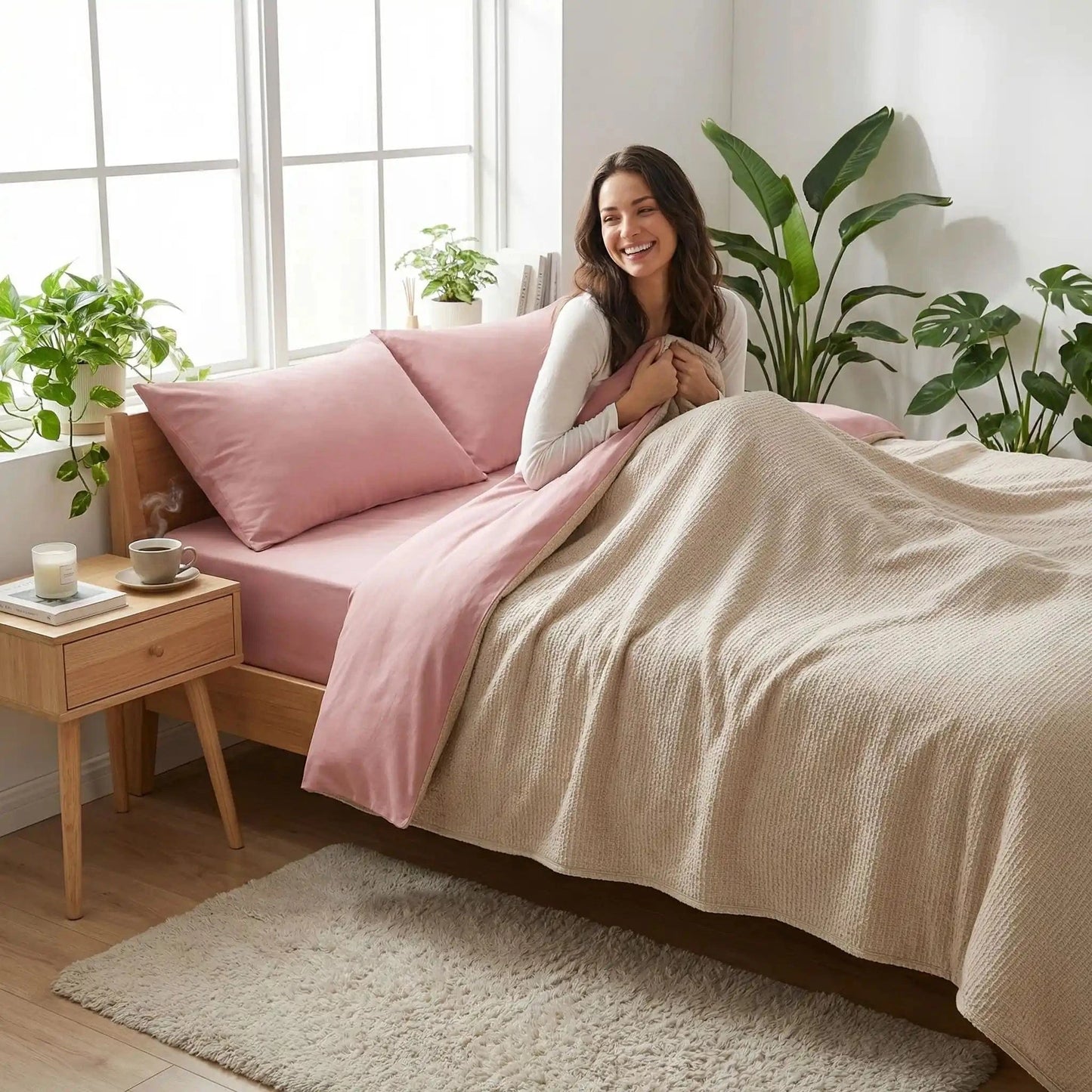 femme sur drap housse  rose 180x200 cm blanc Antidérapant Ultra Doux