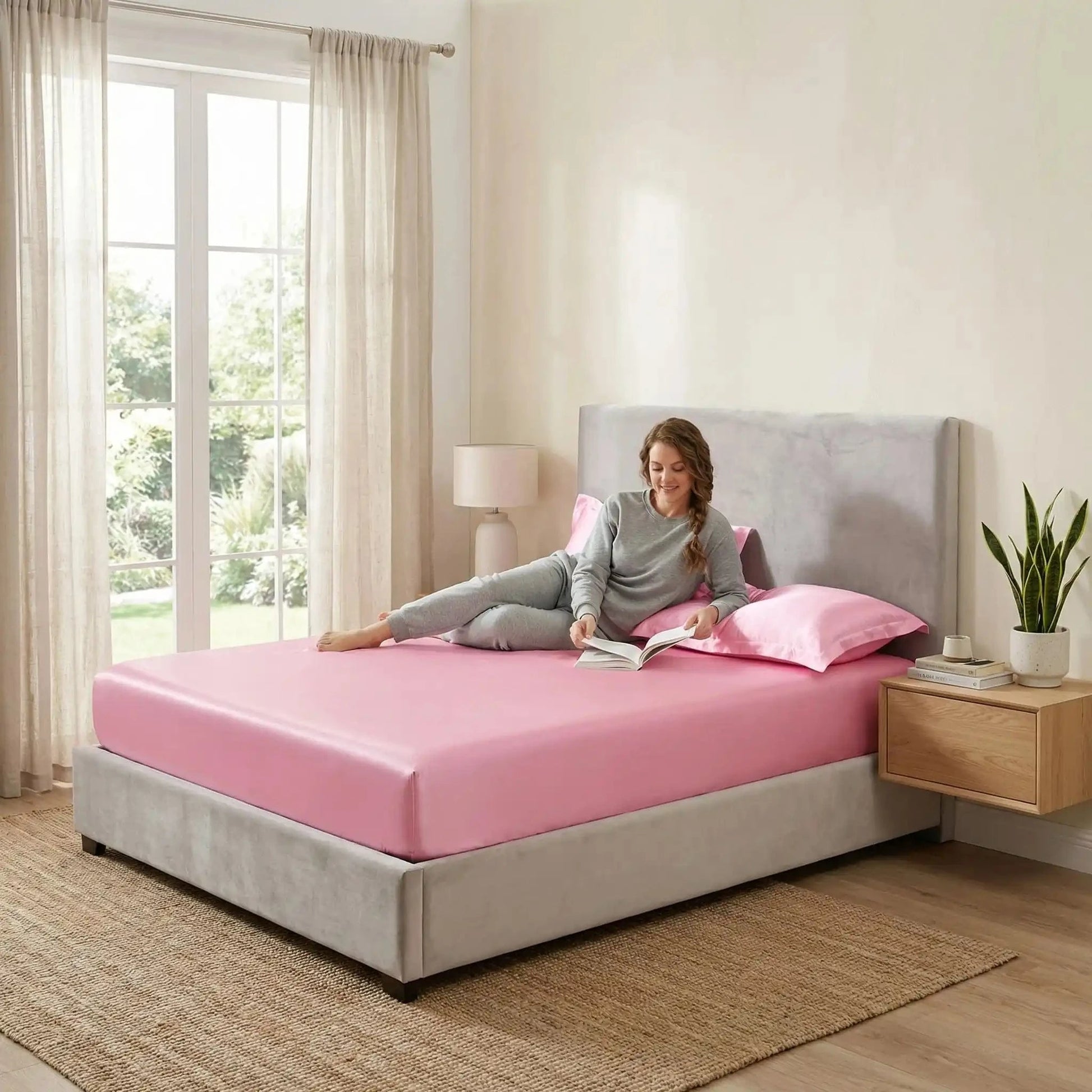 femme sur drap housse rose confort premium