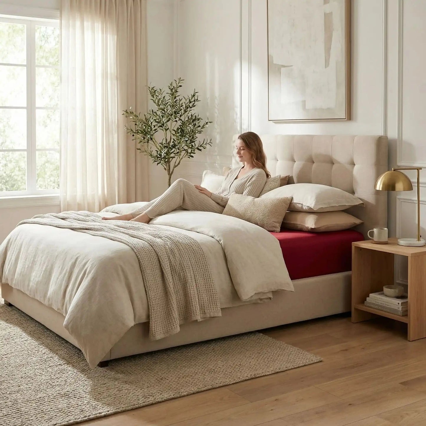 femme sur drap housse rouge confort matinal