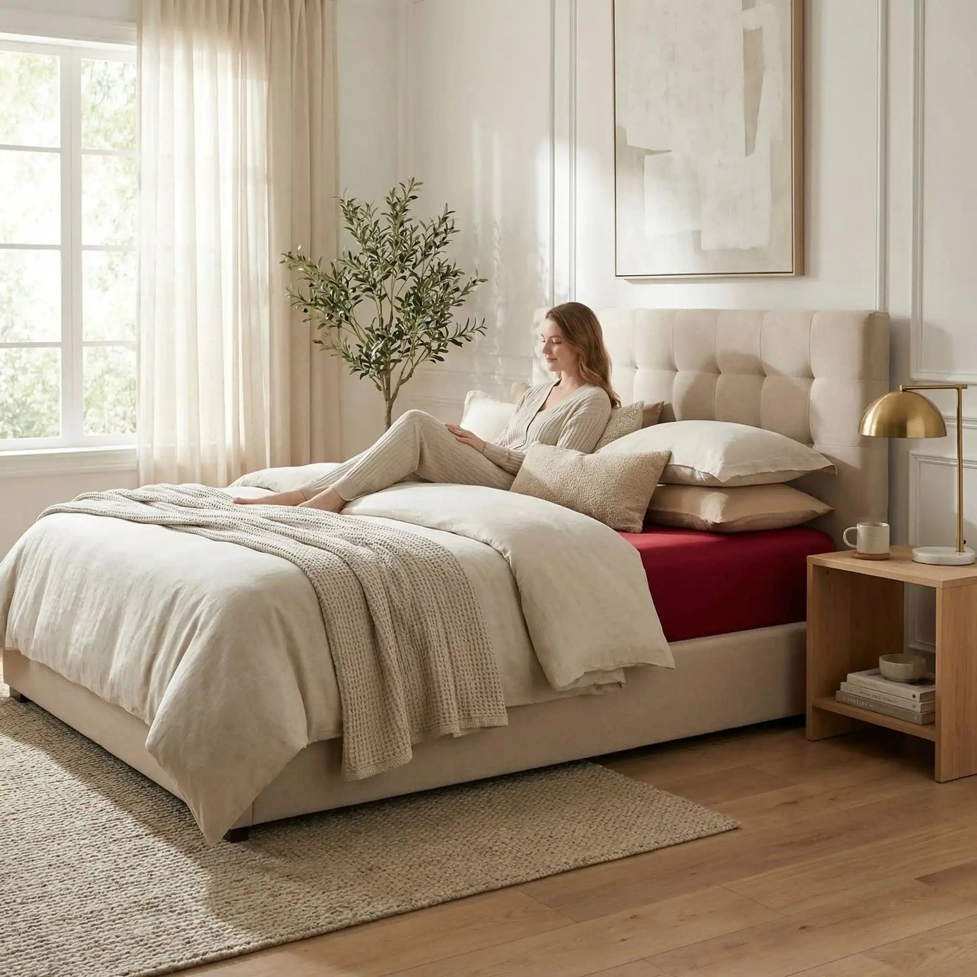 femme sur drap housse rouge confort matinal