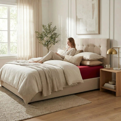 femme sur drap housse rouge confort matinal