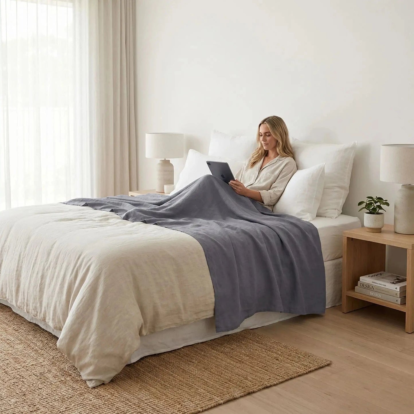 femme sur drap plat 2 personnes gris lin européen