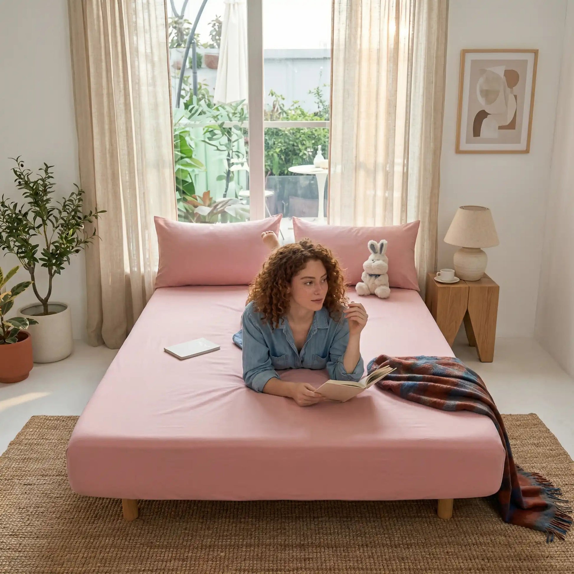  femme sur draps housse rose rose poudré 