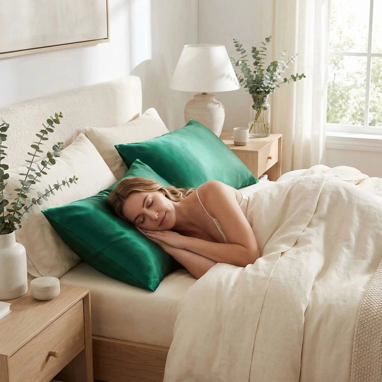 femme sur taie d'oreiller en soie verte  pur sommeil