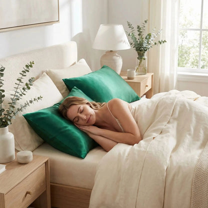 femme sur taie d'oreiller en soie verte  pur sommeil