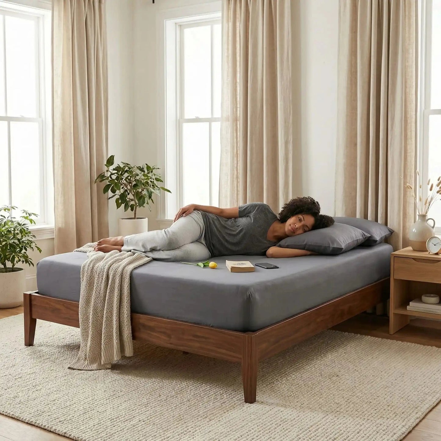 fille couchée avec fleur sur drap housse  gris ajustéplus