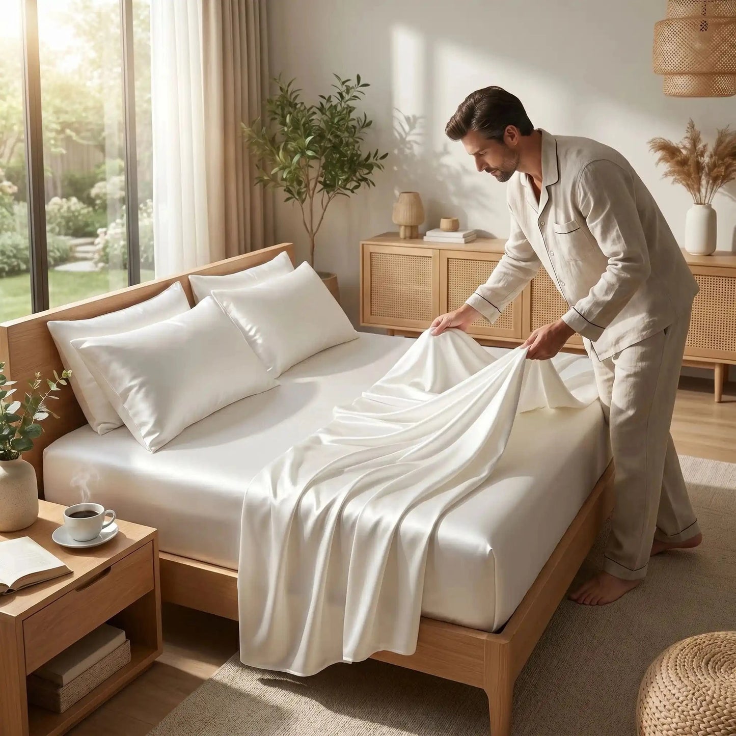 homme met son drap plat blanc satin rayonne