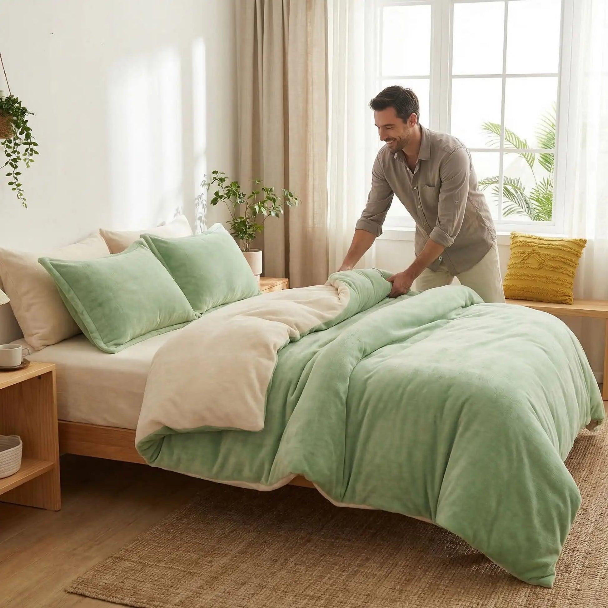 homme arrange housse de couette flanelle verte cocon douceur