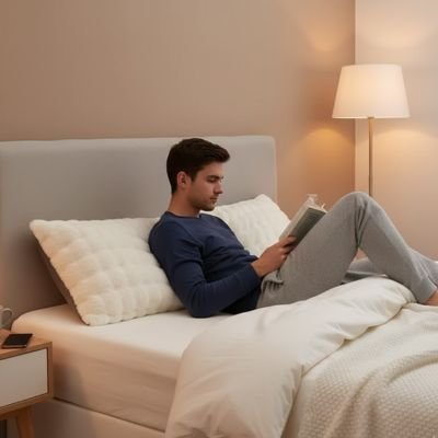 homme assis lit adosse taie d'oreiller longue blanche