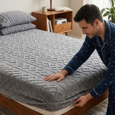 homme avec drap housse gris ultradoux