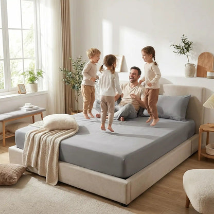 homme avec enfants sur drap housse 140x200 cm gris coton doux ajusté