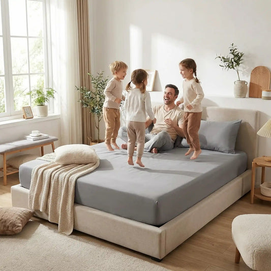 homme avec enfants sur drap housse 140x200 cm gris coton doux ajusté