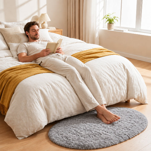 homme avec livre pieds sur tapis sortie de lit VIKAMA gris