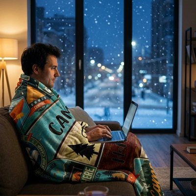  homme avec ordinateur enroulé dans couverture turquoise et bordeaux