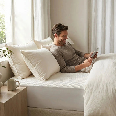 homme avec tablette sur drap housse 180x200 blanc imperméable et doux