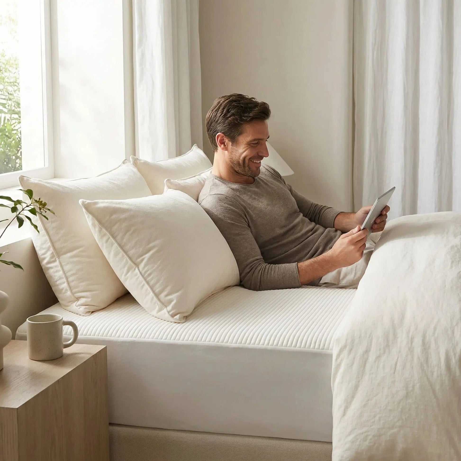 homme avec tablette sur drap housse 180x200 cm blanc imperméable et doux
