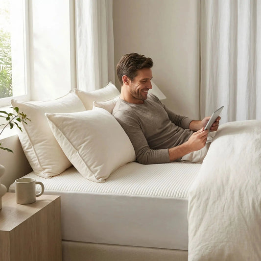 homme avec tablette sur drap housse 180x200 cm blanc imperméable et doux