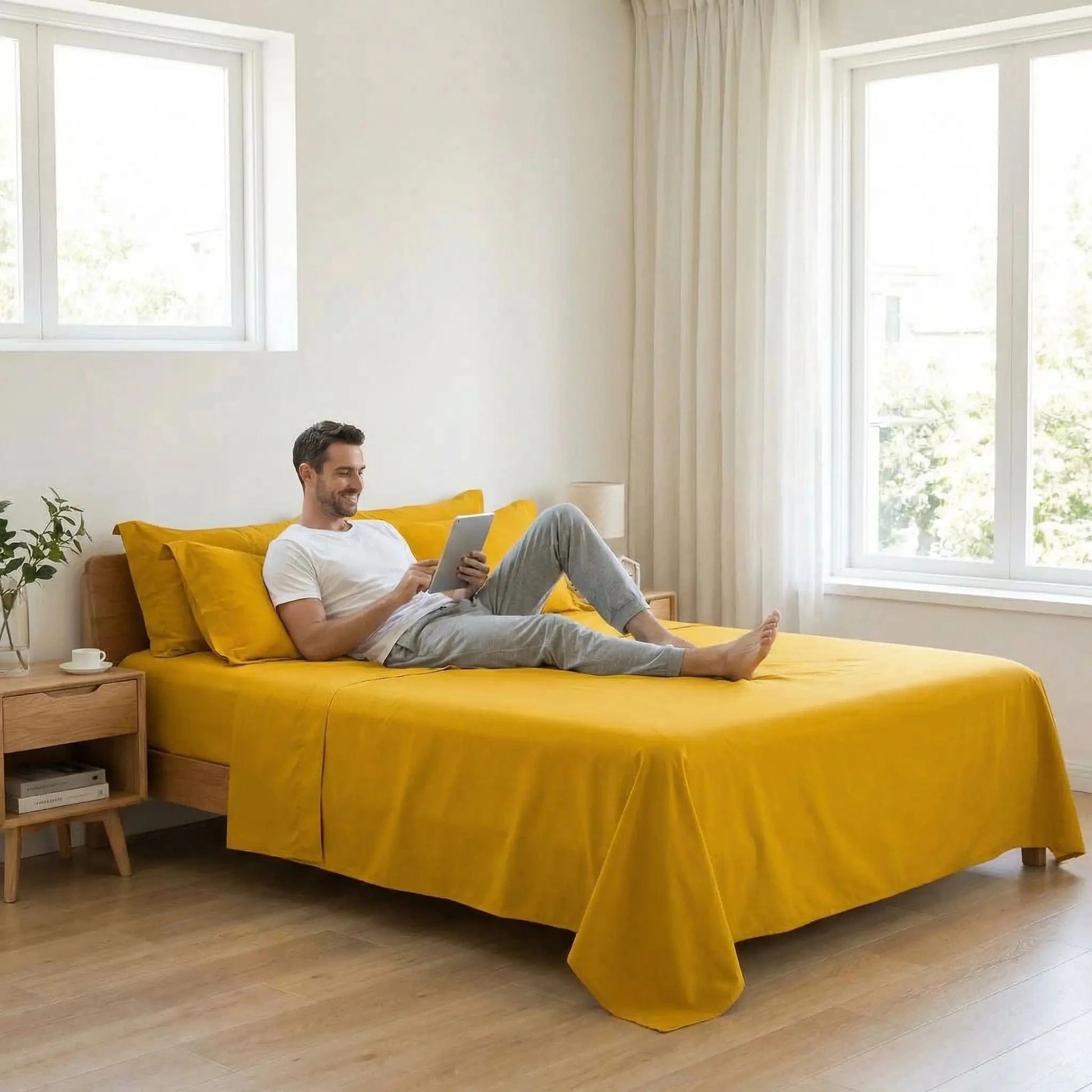 homme avec tablette sur drap plat jaune coton douceur