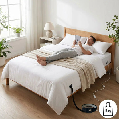 homme avec tablette sur draps plats blancs fibres d'argent bio