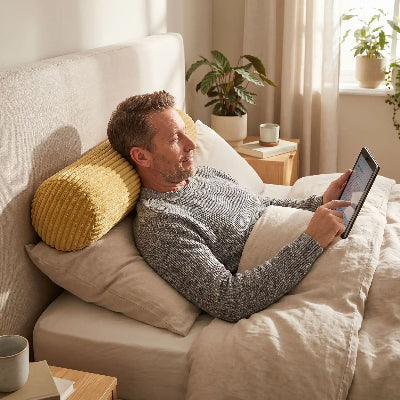 homme avec tablette sur traversin 90 cm jaune 