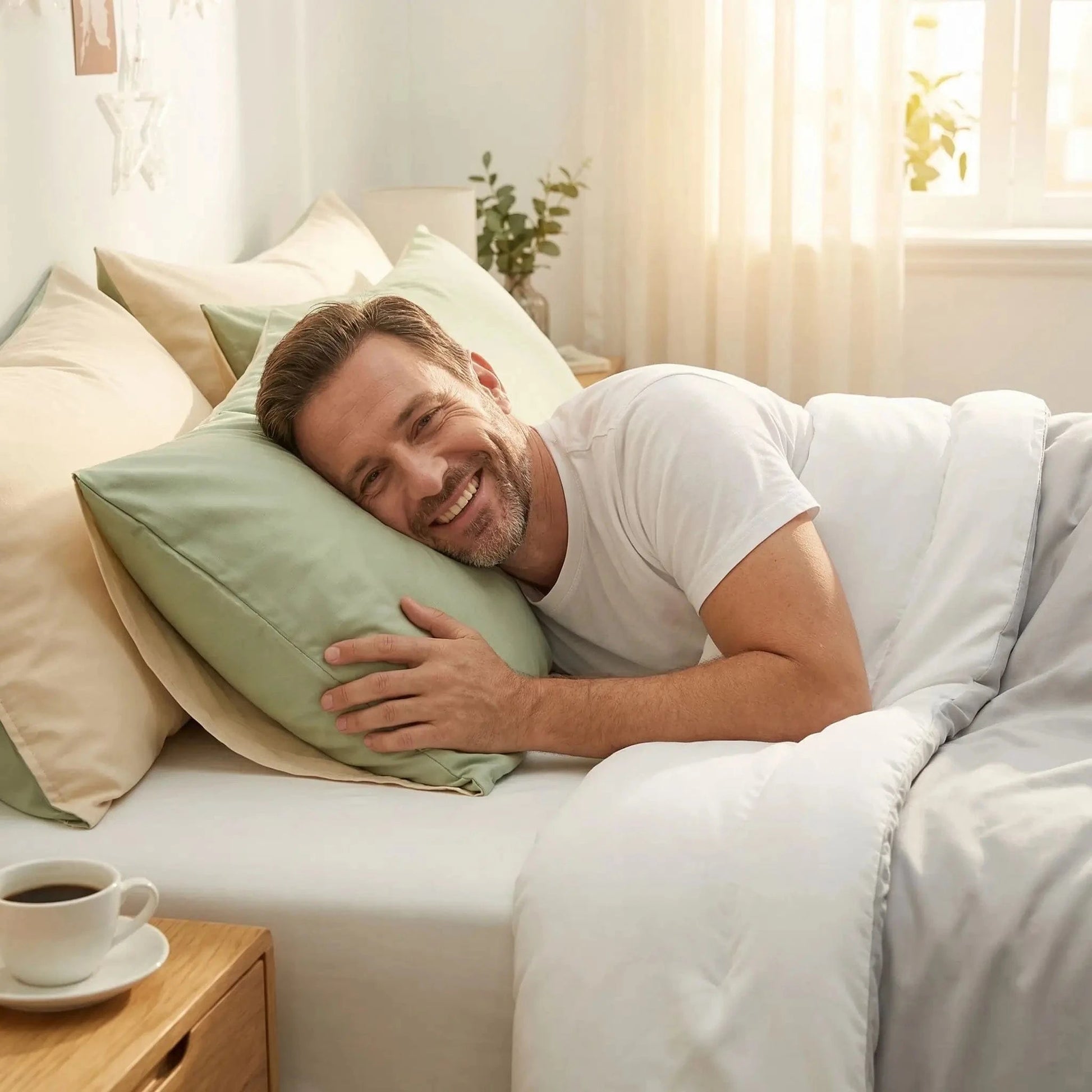 homme bonne humeur sur taie d'oreiller nuits réparatrices