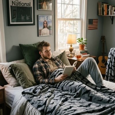 Homme couché avec livre sous couverture grise tissu flanelle