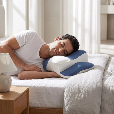 homme couché côté sur oreiller à mémoire de forme bleu-blanc
